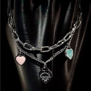 Silver Bracelet with Pink and Blue Heart Charms